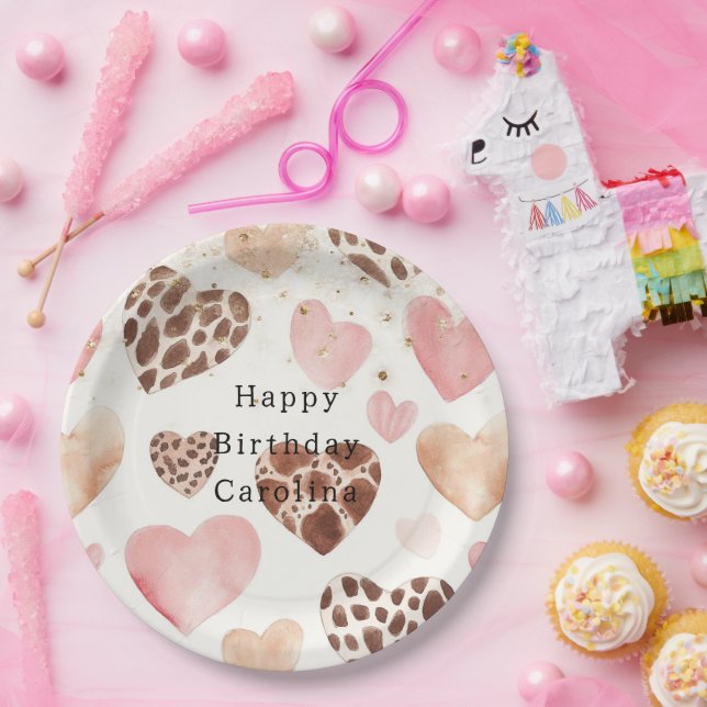 Pink Cream Animal Hearts Gold Sparkle Birthday Paper Plates (Party)