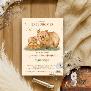 Pink Cream Bear Family Mommy Baby Invitation