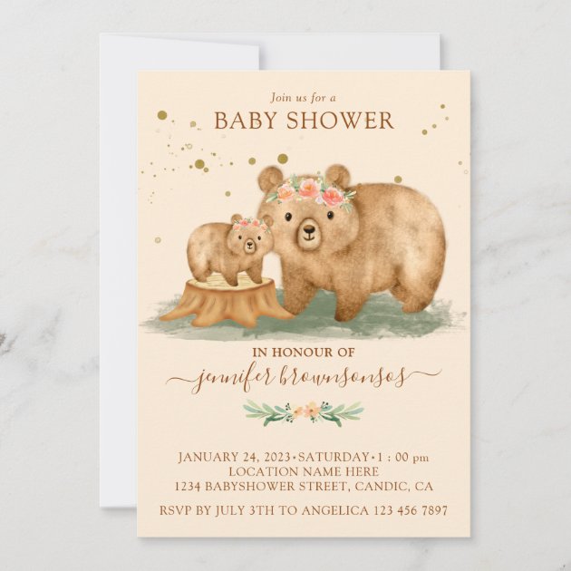 Pink Cream Bear Family Mommy Baby Invitation