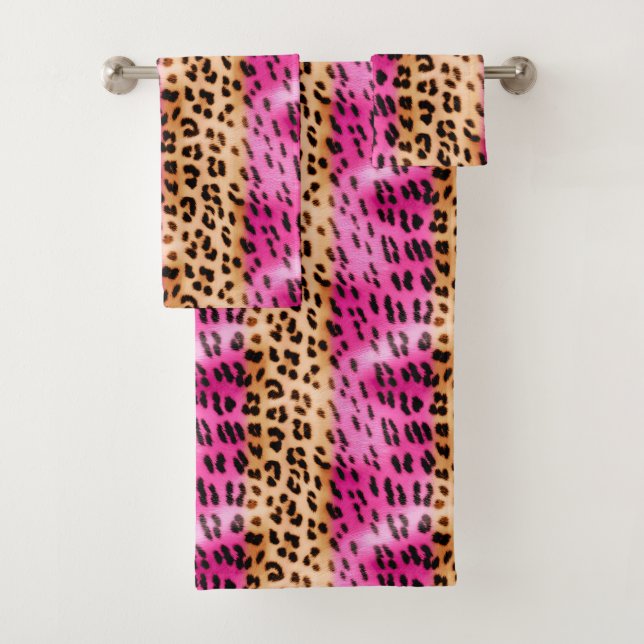 Pink Cream Black Leopard Animal Print Bath Towel Set (Insitu)