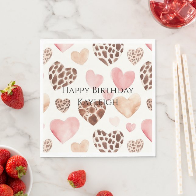 Pink Cream Brown Leopard Hearts Birthday Napkins (Insitu)