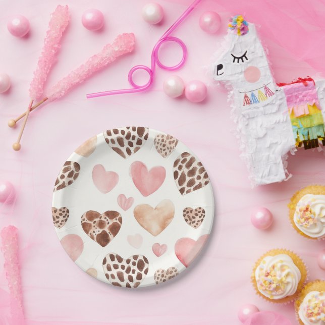 Pink Cream Brown Leopard Hearts Birthday Paper Plates (Party)