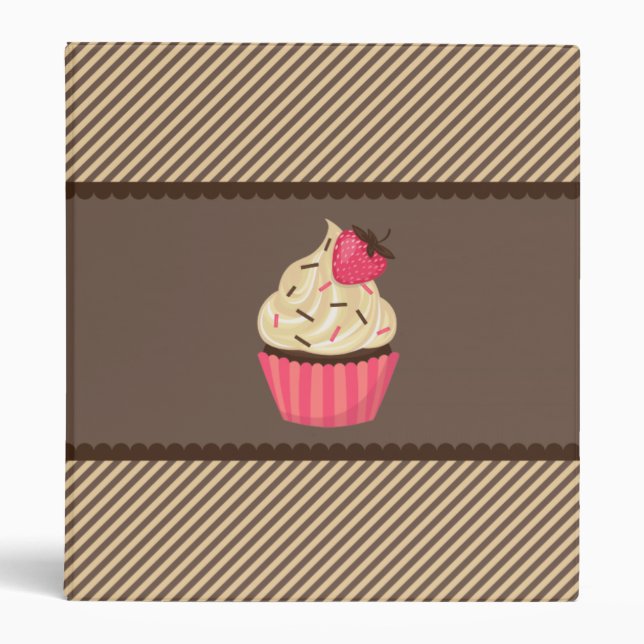 Pink Cream Brown Stripes Strawberry Cupcake Binder (Front)