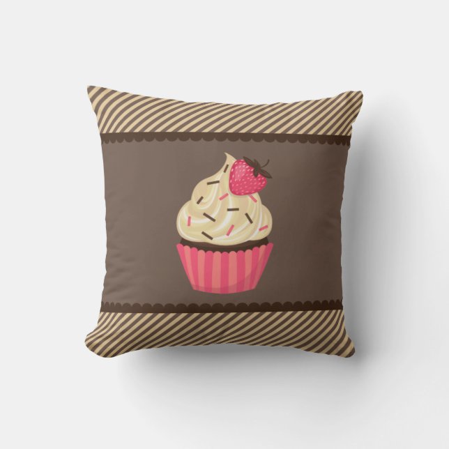 Pink Cream Brown Stripes Strawberry Cupcake Throw Pillow (Front)