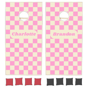 Pink & Cream Checker with Names  Cornhole Set