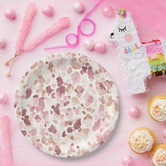 Pink Cream Chocolate Brown Abstract Leopard Animal Paper Plates (Party)