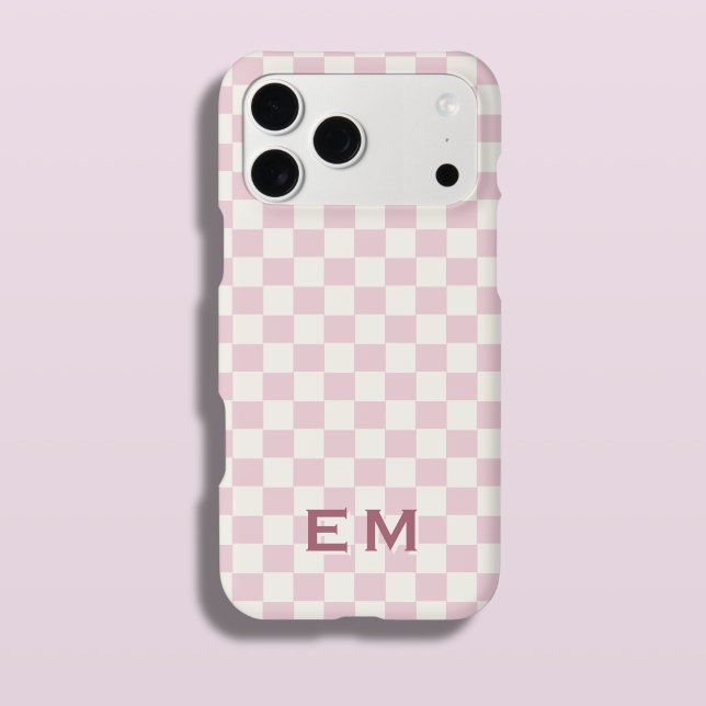 Pink Cream Coastal Checkerboard Checker Initial iPhone Case (Pink Checkerboard Phone Case with Custom Initials)