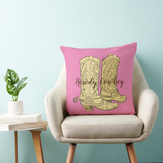 Pink Cream Cowgirl Cowboy Boots Throw Pillow (Chair)