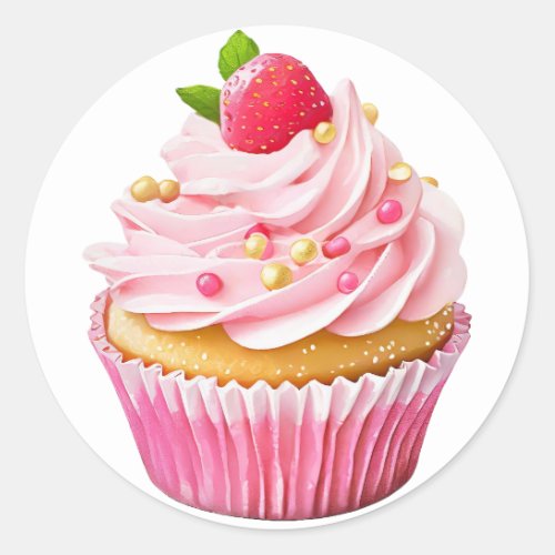Pink cream cupcake with berries birthday  classic round sticker