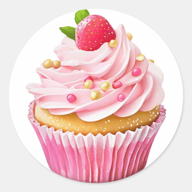 Pink cream cupcake with berries birthday  classic round sticker (Front)