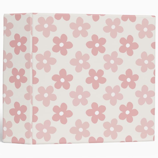 Pink Cream Daisy Flowers Retro Pattern 3 Ring Binder (Front/Spine)