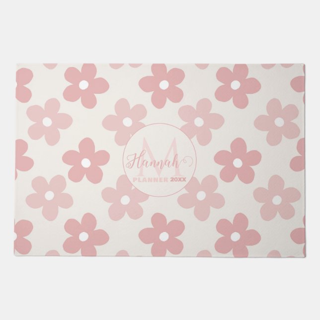Pink Cream Daisy Flowers Retro Pattern Doormat (Front)