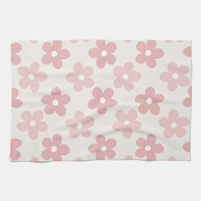 Pink Cream Daisy Flowers Retro Pattern Kitchen Towel (Horizontal)