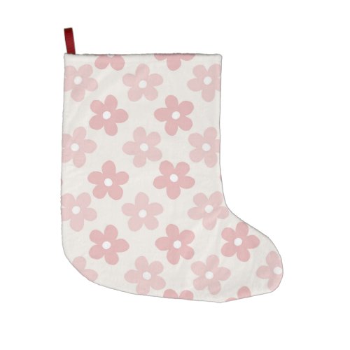 Pink Cream Daisy Flowers Retro Pattern Large Christmas Stocking