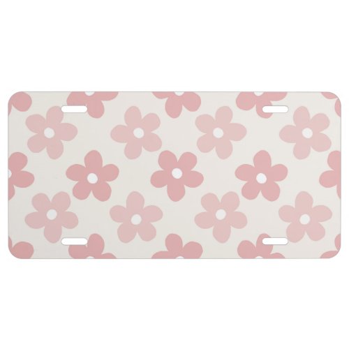 Pink Cream Daisy Flowers Retro Pattern License Plate
