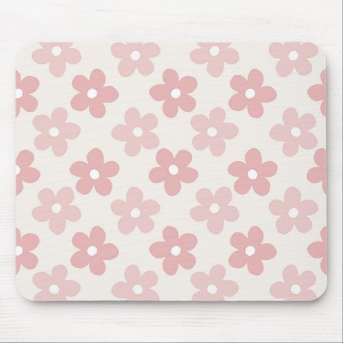 Pink Cream Daisy Flowers Retro Pattern Mouse Pad