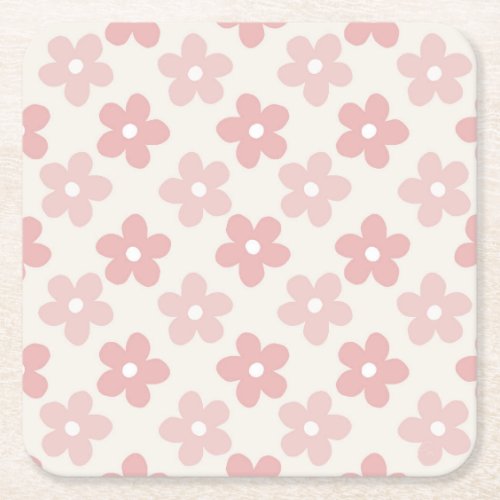 Pink Cream Daisy Flowers Retro Pattern Square Paper Coaster