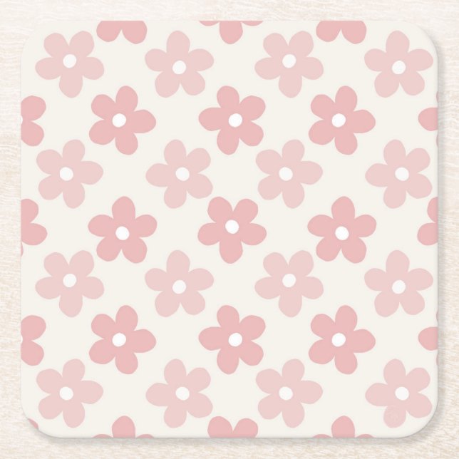 Pink Cream Daisy Flowers Retro Pattern Square Paper Coaster (Front)