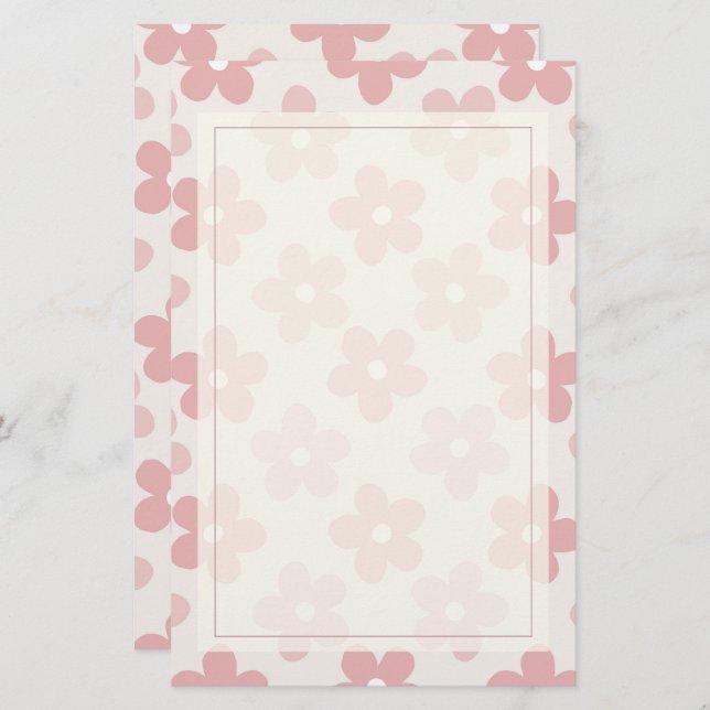 Pink Cream Daisy Flowers Retro Pattern Stationery (Front/Back)