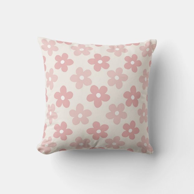 Pink Cream Daisy Flowers Retro Pattern Throw Pillow (Front)
