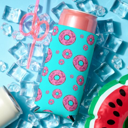 Pink cream donuts pattern blue seltzer can cooler
