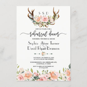 Pink Cream Floral Antlers Rehearsal Dinner Invitation