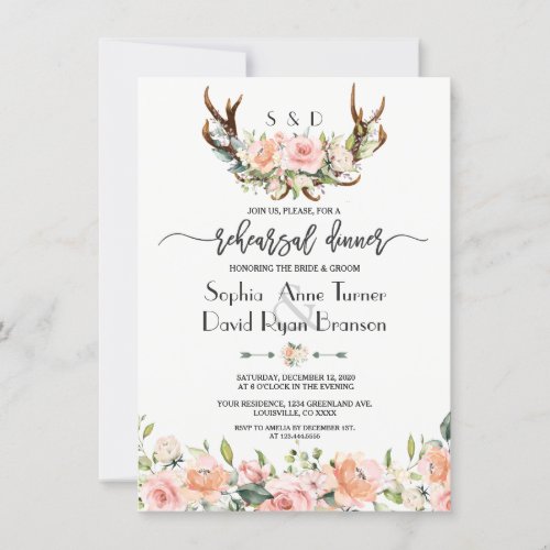 Pink Cream Floral Antlers Rehearsal Dinner Invitation