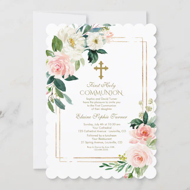 Pink Cream Floral Geometric First Holy Communion Invitation | Zazzle