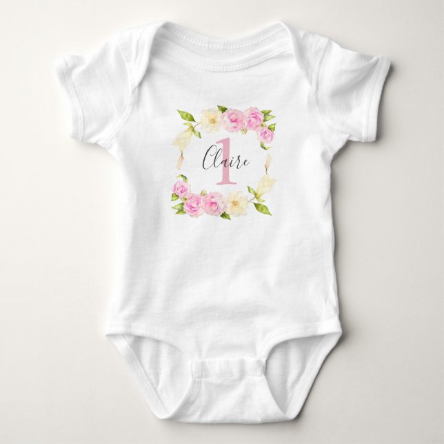 Pink Cream Floral Girl 1st Birthday Baby Bodysuit (Front)