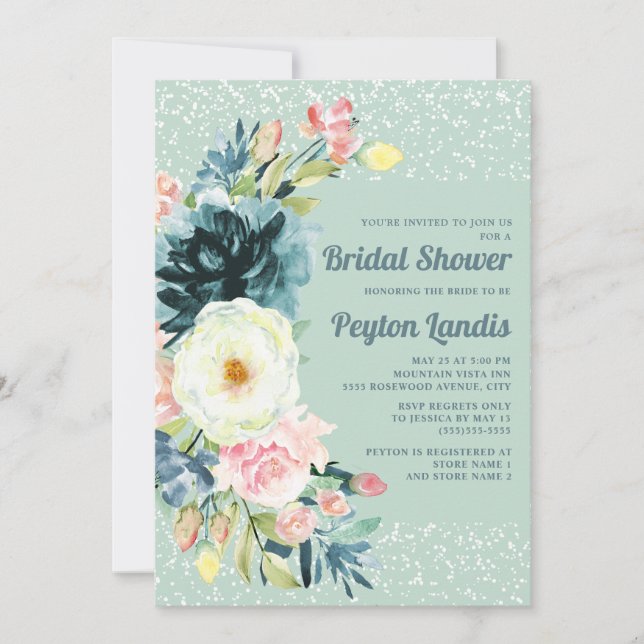 Pink Cream Floral Glitter Neo Mint Bridal Shower Invitation (Front)
