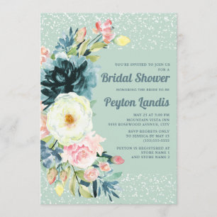 Pink Cream Floral Glitter Neo Mint Bridal Shower Invitation