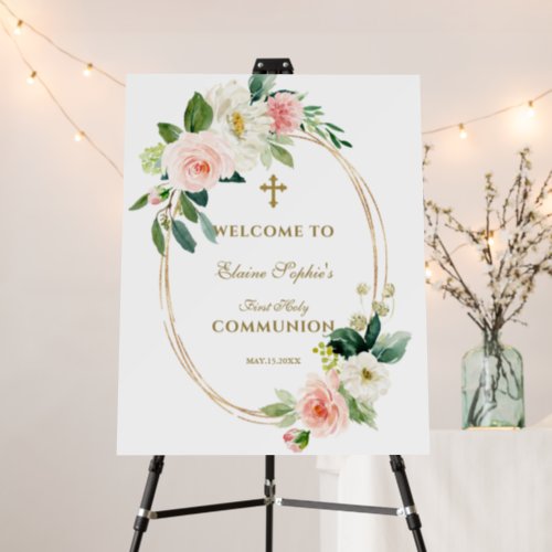 Pink Cream Floral Gold Holy Communion Welcome Sign