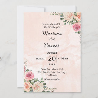 Pink Cream Floral Minimal Wedding Invitation