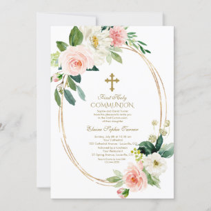 Pink Cream Floral Oval Frame First Holy Communion Invitation