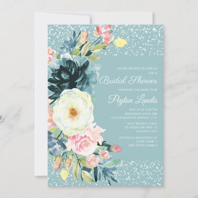 Pink Cream Floral Stardust Teal Bridal Shower Invitation (Front)