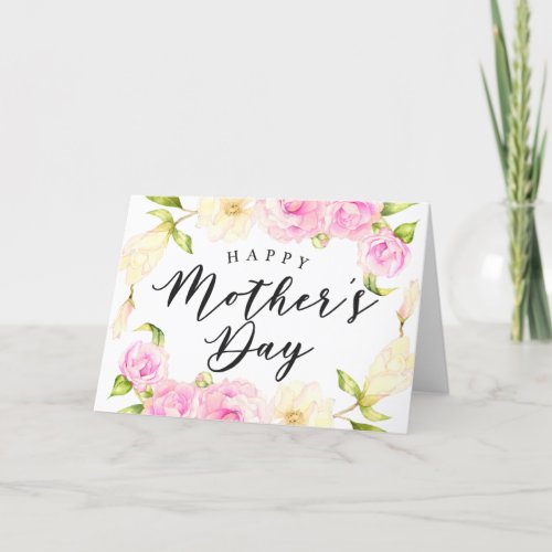 Pink Cream Floral Wreath Mothers Day Holiday Card