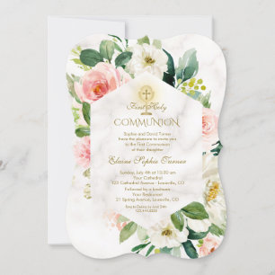 Pink Cream Flowers Frame Marble Holy Communion Invitation