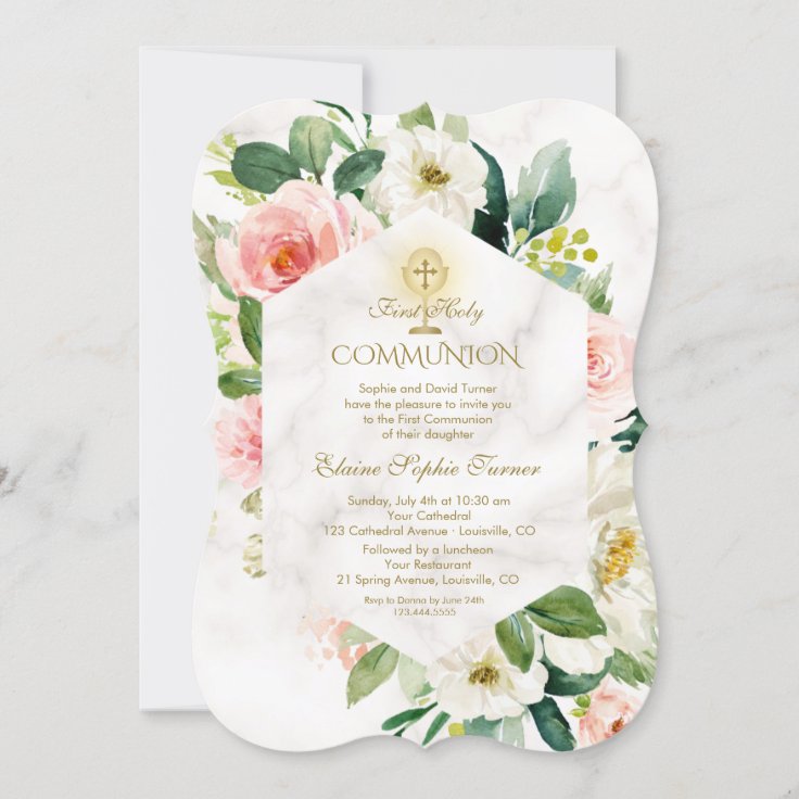 Pink Cream Flowers Frame Marble Holy Communion Invitation | Zazzle