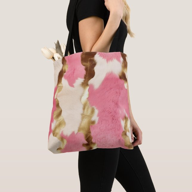 Pink Cream Gold Cowhide Tote Bag (Close Up)