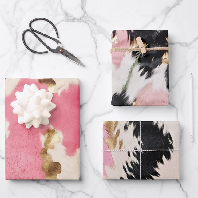 Pink Cream Gold Cowhide Wrapping Paper Sheets (Front)