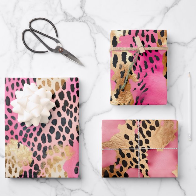 Pink Cream Gold Leopard Wrapping Paper Sheets (Front)