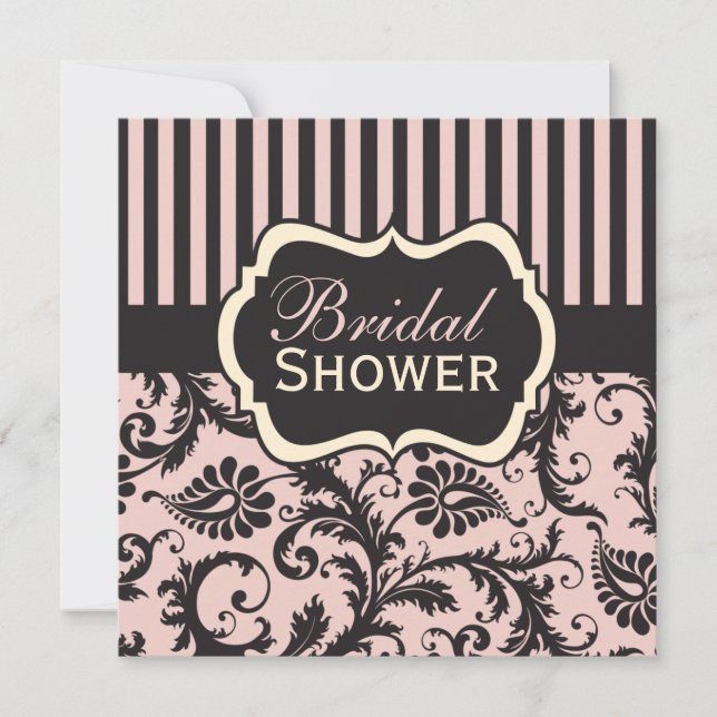 Pink, Cream, Gray Damask Bridal Shower Invitation (Front)
