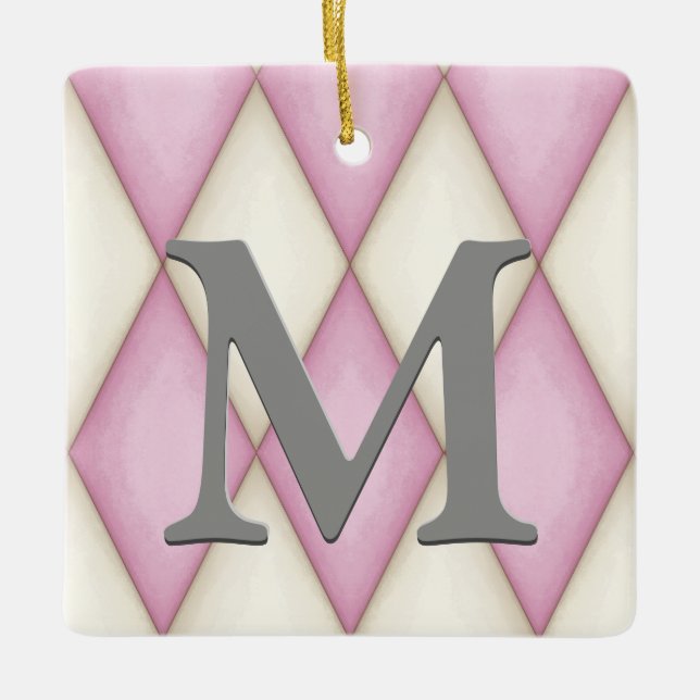 Pink & Cream Harelequin Check Pretty Personalized Ceramic Ornament (Front)