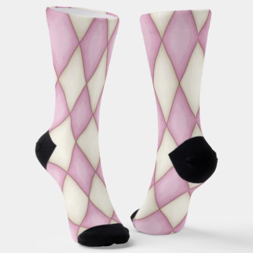 Pink  Cream Harlequin Diamond Check Pattern Fun Socks