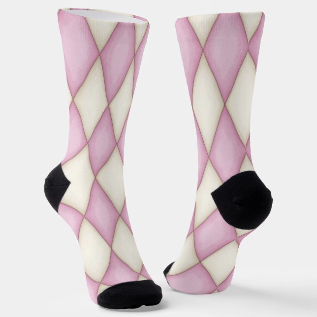 Pink & Cream Harlequin Diamond Check Pattern Fun Socks (Angled)