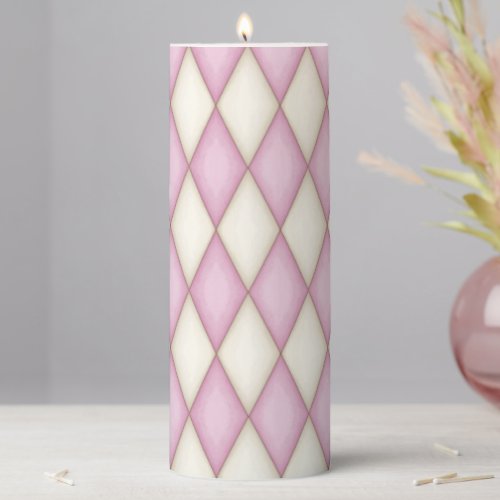 Pink  Cream Harlequin Diamond Check Pillar Pillar Candle