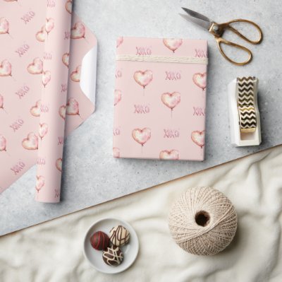 Pink Cream Heart Balloon XOXO Wrapping Paper
