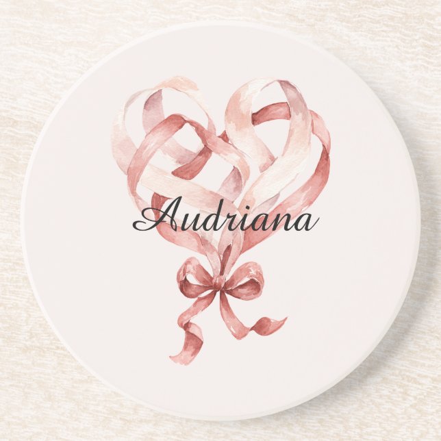 Pink Cream Heart Ribbon Coaster (Front)