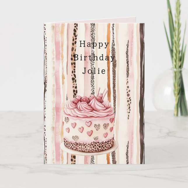 Pink Cream Hearts Leopard Animal Cake Birthday Card (Front)