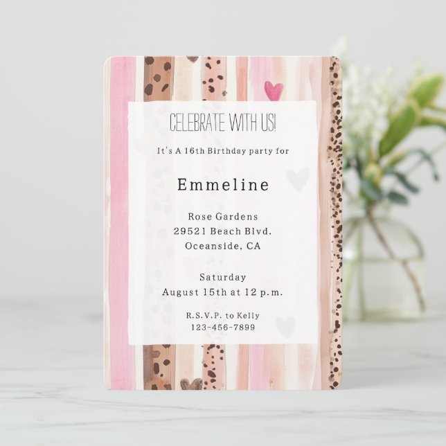 Pink Cream Hearts Leopard Stripes Birthday Invitation (Standing Front)
